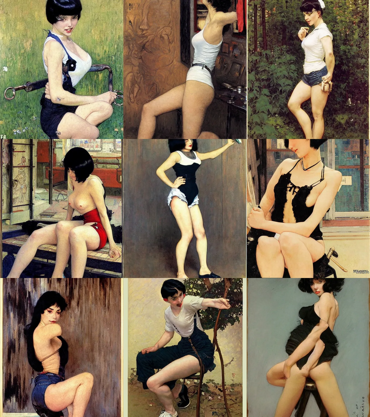 Prompt: a woman with black hair and long pixie haircut in shorts with suspenders and white t-shirt drawn by frank frazetta, gustave caillebotte, Alexandre Cabanel, norman rockwell, ralph bakshi, maler collier, hajime sorayama, alphonse mucha, gustav klimt 4k, unreal 5, DAZ, french noveau, trending on artstation, octane render, hyperrealistic