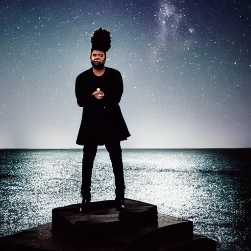 Image similar to the weeknd with a velvet crown and black gown standing on a raised translucent platform in the middle of the sea, night time with milky way in the sky. cinematic, 3 5 mm film, sharpness, nostalgic and melancholic 4 k, 8 k