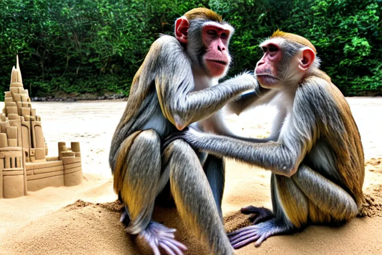 Image similar to a monkey touching a completed sand castle