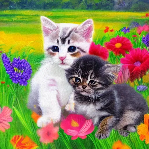 Prompt: animal friends cute puppy and kitten together in field of colorful flowers detailed oil painting 4k