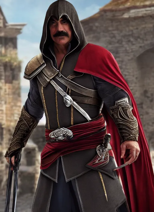 Prompt: film still of tom selleck as ezio auditore in assassin's creed 2, gameplay, 8 k, hd