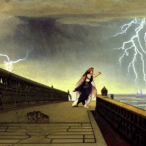 Image similar to Magician leaving the castle through the bridge, thunderstorm, beach ocean on the background major arcana sky, balustrade, by paul delaroche, alphonse mucha and arnold böcklin arnold böcklin hyperrealistic 8k, very detailed