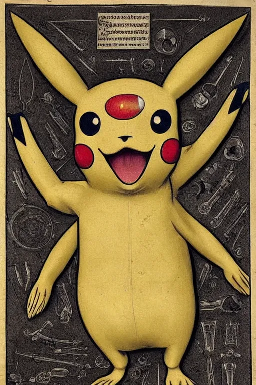 Image similar to 1 6 th century anatomy poster of pikachu, detailed, intricate, elegant, realistic,