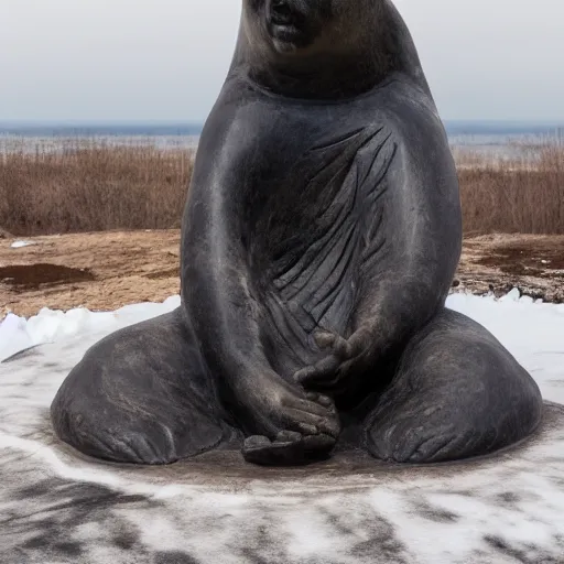 Image similar to humans praying to a statue of a giant obsidian evil baby harp seal ultra modern statue, Leica, 4k photo