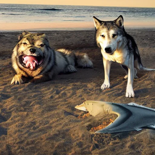 Image similar to professional photo of a shark body and canine wolf head half wolf half shark strange chimera discovered on the beach