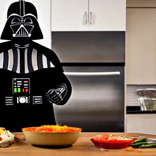 Prompt: darth vader cooking lasagna, cooking show