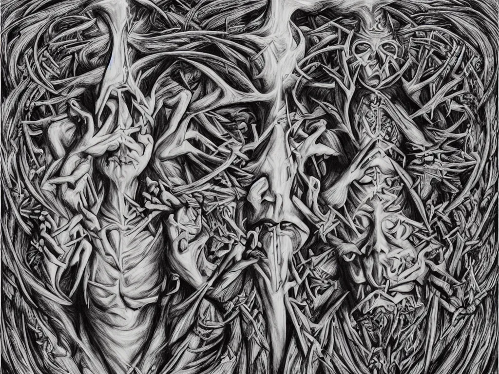 Image similar to transformation through death by Alex Grey and M. C. Escher collaboration