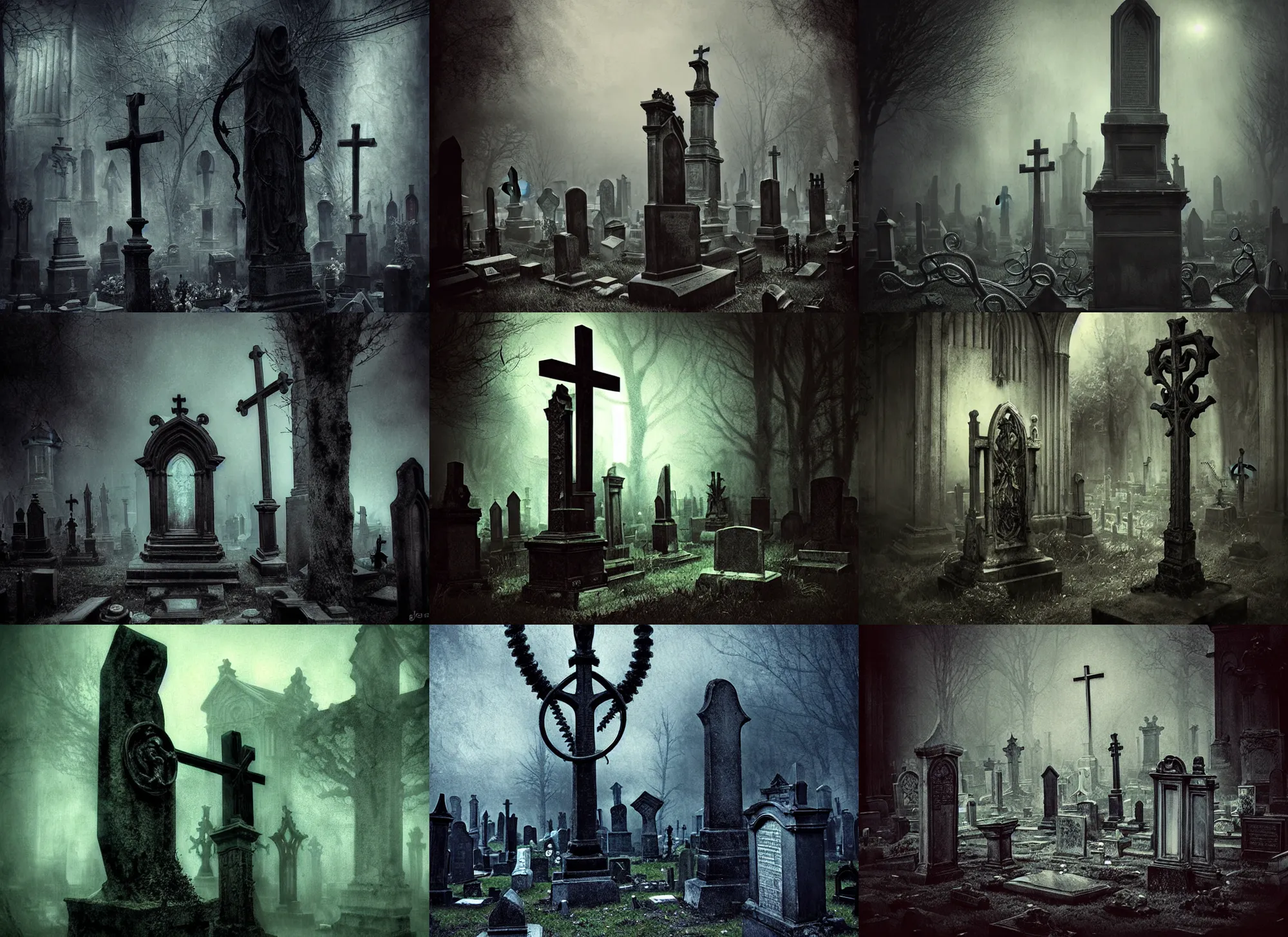 Prompt: gothic cemetery, perspective view, cross, statue, darkness, evil, creepy, science, 1 9 century, hard atmosphere, lovercraft, insmouth, tentacles, artwork, paint, blue tones, detailed, by bastien lecouffe deharme, by jeremy mann, by alexander fedosav