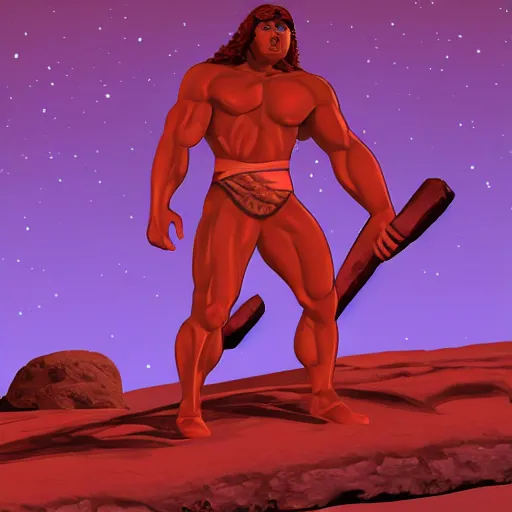 Prompt: muscular barbarian on mars, standing on boulder, science fiction pulp illustration, bisexual lighting