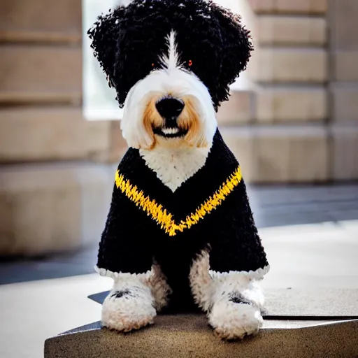 Image similar to a closeup photorealistic photograph of a cute smiling knitted bernedoodle judge dog dressed in a black gown, presiding over the courthouse. indoor image, professional capture, well lit shot. this 4 k hd image is trending on artstation, featured on behance, well - rendered, extra crisp, features intricate detail, epic composition and the style of unreal engine.