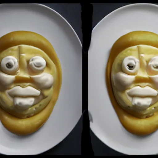 Prompt: mayonnaise in the shape of a human face, human face made out of mayonnaise, professional food photography, unreal engine