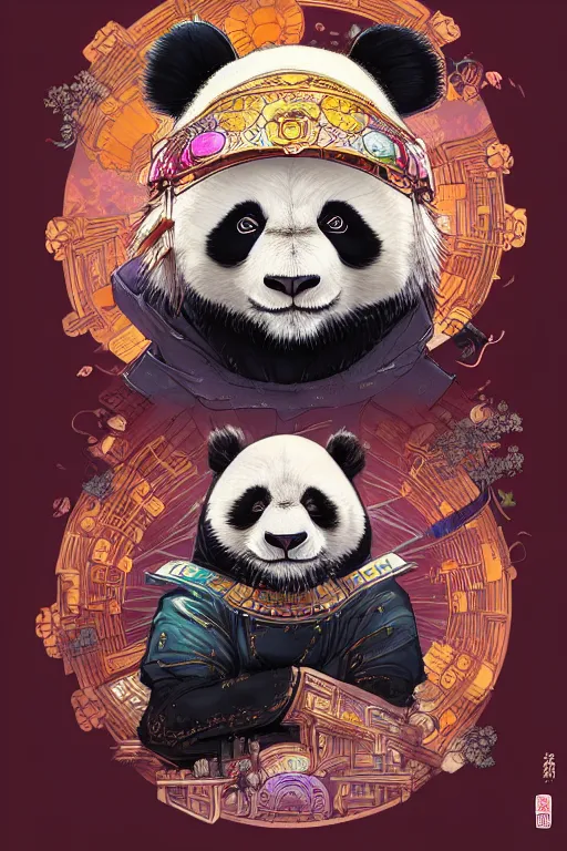 Image similar to a beautiful hyperdetailed character design of a cute panda with a chinese lion dance head victo ngai cyberpunk style, from china, style of studio ghibli, makoto shinkai, raphael lacoste, louis comfort tiffany, artgerm, james jean, ross tran, chinese style