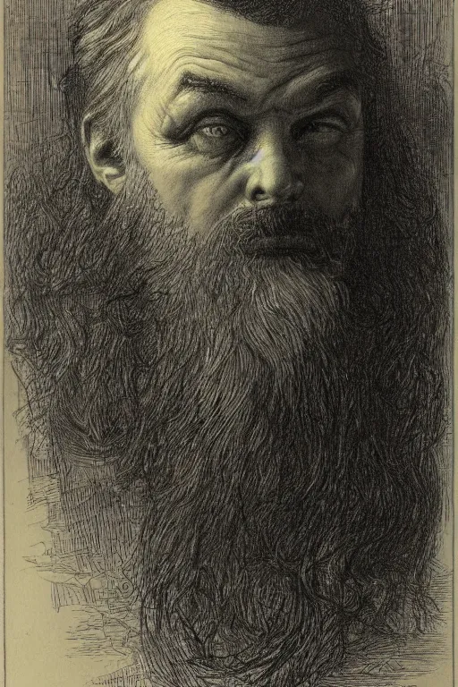 Prompt: emotional masterful portrait drawing of Vesa-Matti Loiri by Gustave Dore