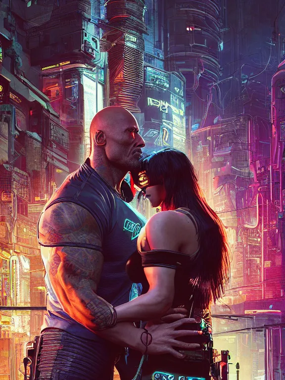 Image similar to a cyberpunk 2077 portrait of Dwayne Johnson hug a female android , complex mess of cables and wires behind them connected to giant computer, love,film lighting, by laurie greasley,Lawrence Alma-Tadema,William Morris,Dan Mumford, trending on atrstation, full of color, mythological, high detailed,golden ratio,cinematic lighting