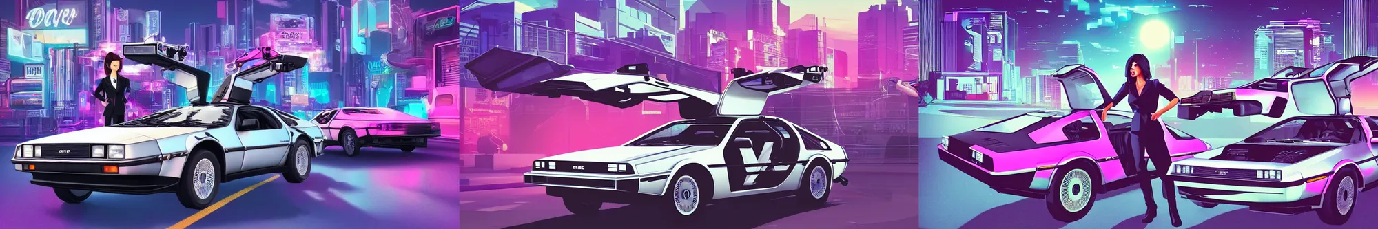 Prompt: Female spy driving a Delorean through a town, synthwave, vaporwave