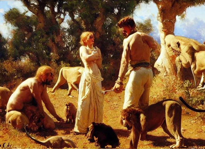 Image similar to a couple in love feeding the lions, highly detailed painting by gaston bussiere, craig mullins, j. c. leyendecker