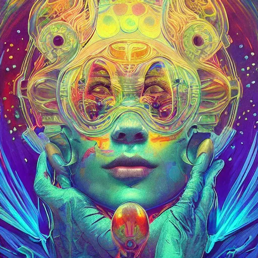 Image similar to An extremely psychedelic experience, colorful, surreal, dramatic lighting, cosmonaut, LSD, face, detailed, intricate, elegant, highly detailed, digital painting, artstation, concept art, smooth, sharp focus, illustration, art by Sam Spratt, Dan Mumford, Artem Demura and Alphonse Mucha