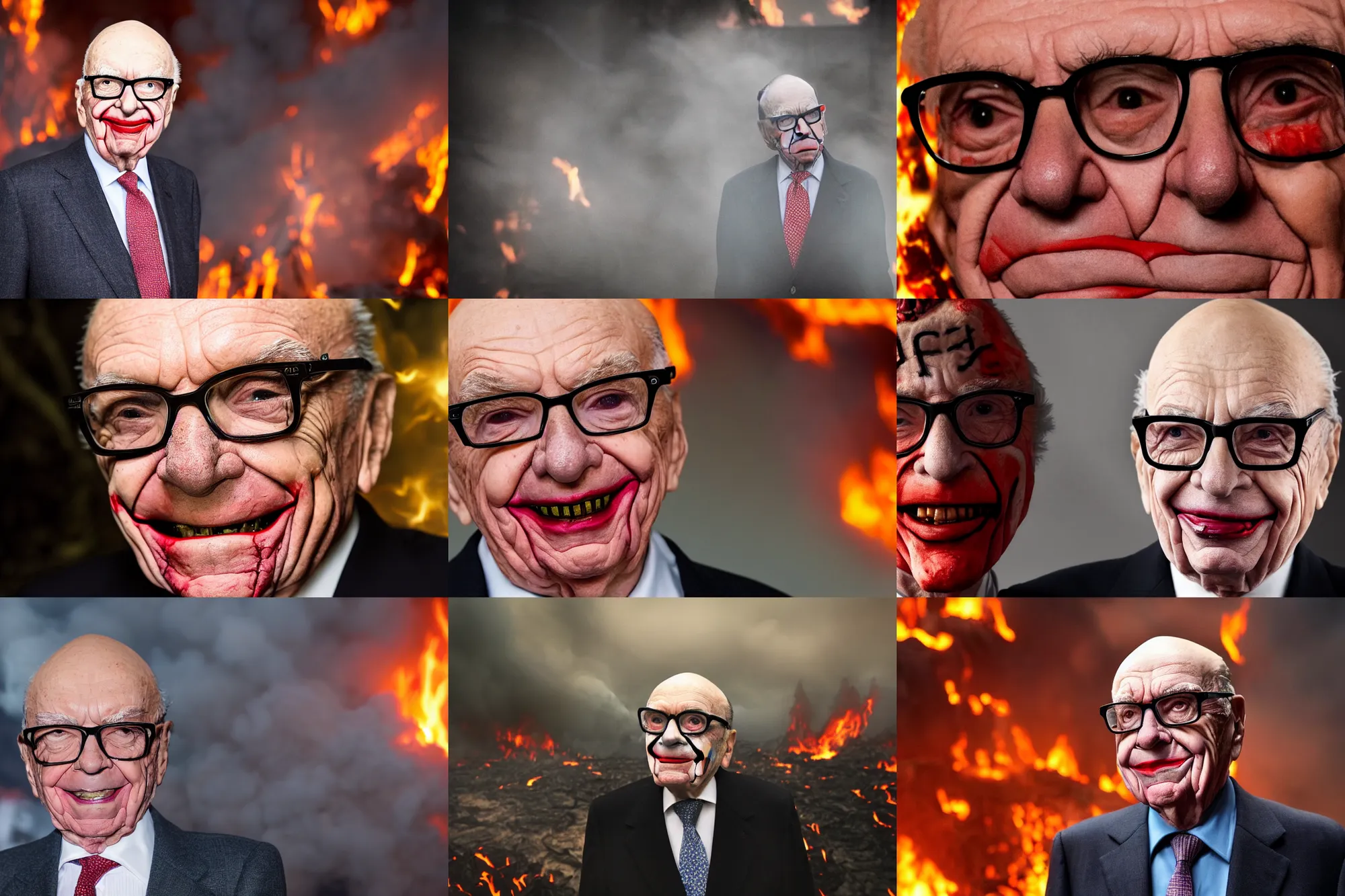 Prompt: Rupert Murdoch wearing glasses and makeup like The Joker, smiling as the world behind him burns, standing in hell surrounded by fire and flames and lava and brimstone, volumetric fog, portrait photography, depth of field, bokeh