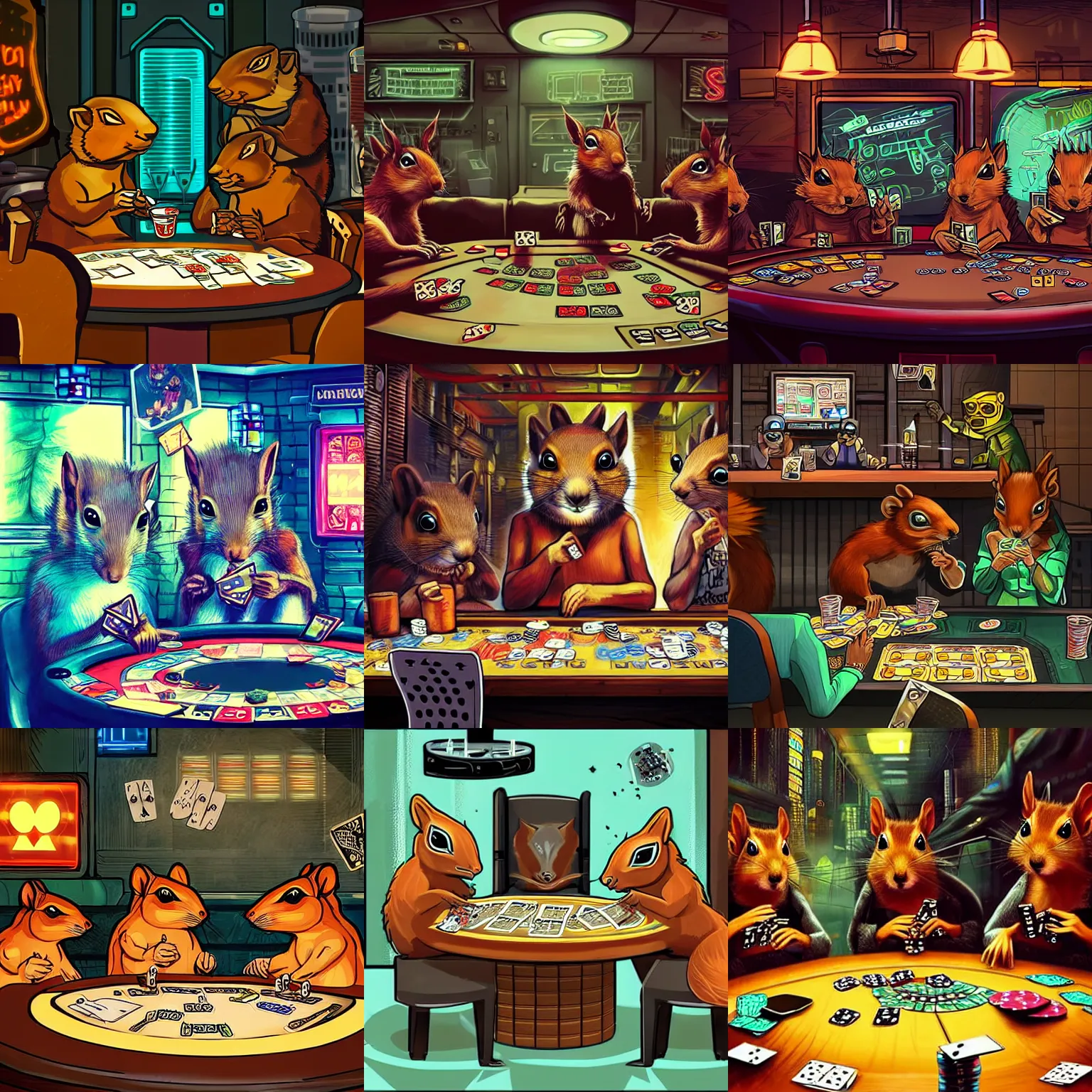 Prompt: cyberpunk squirrels playing poker in a gritty cyberpunk bar.