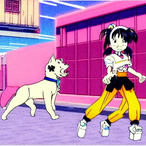 Image similar to beautiful woman chasing her little dog, sprite, vaporwave nostalgia, directed by beat takeshi, visual novel cg, 8 0 s anime vibe, kimagure orange road, maison ikkoku, sketch by akira toriyama