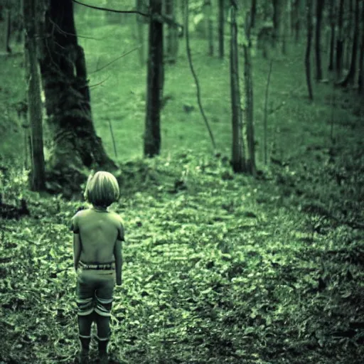 Image similar to kid looking at camera in forest at night, far away from camera, 70s photo, out of focus, motion blur, cctv footage, horror movie, horror lighting, blair witch project, old photo