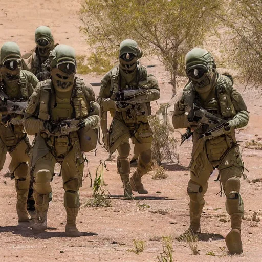 Prompt: a group of five soldiers in dark green tactical gear and gas masks on a rescue mission like the film stargate walk through a sandy desert with distant red mesas ahead of them. They've found a dead body. dusty. 200mm lens, mid day, heat shimmering.