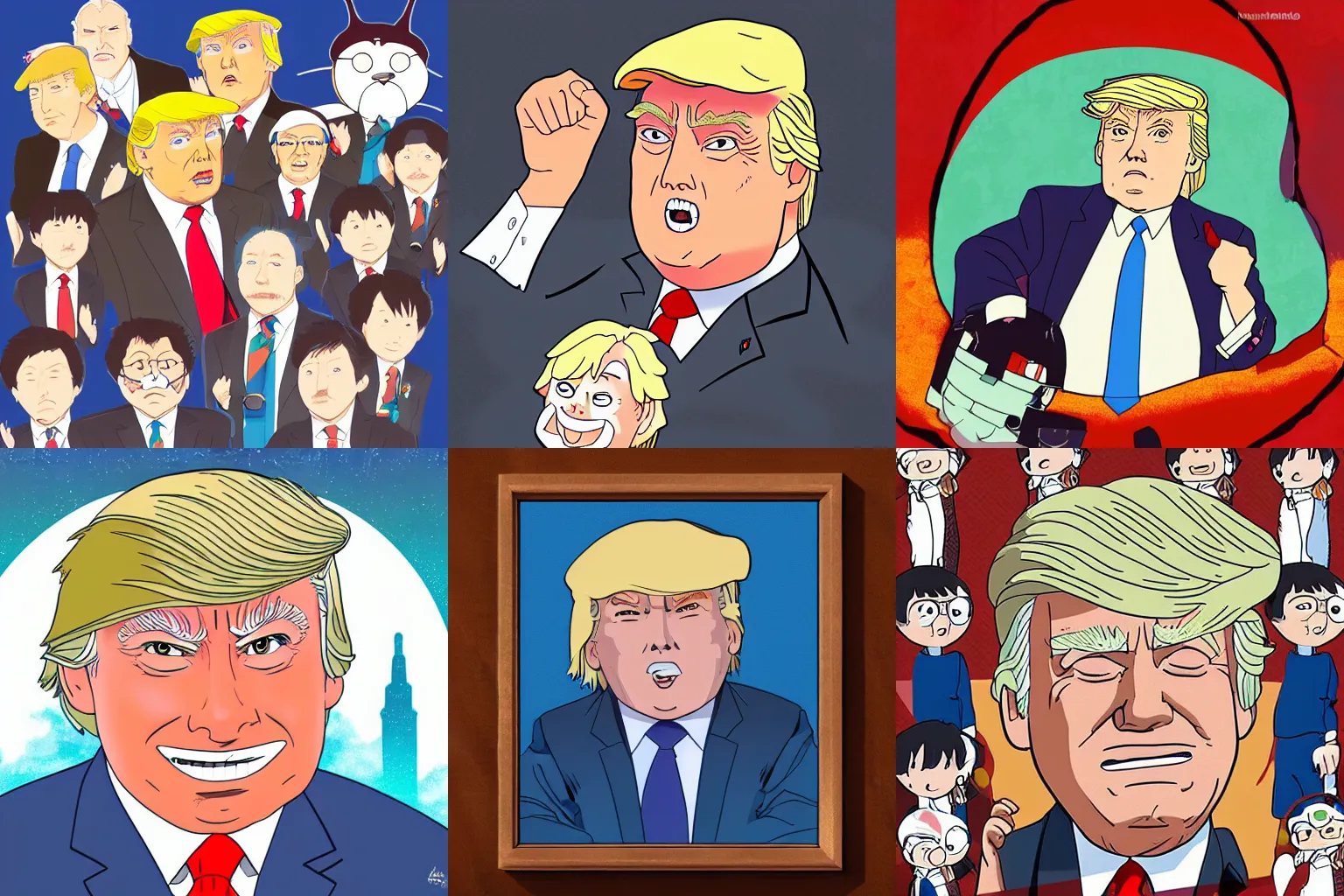 Prompt: donald trump in the style of studio ghibli, Hayao Miyazaki, trending on DevianArt, Digital, 4k