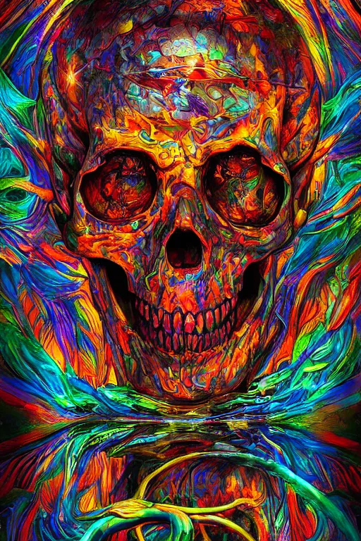 Prompt: 35 mm lens photo of scull lsd colors, direct sunlight, glowing, vivid, detailed painting, Houdini algorhitmic pattern, by Ross Tran, WLOP, artgerm and James Jean, masterpiece, award winning painting