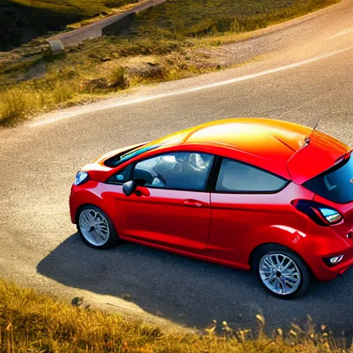 Image similar to red ford fiesta mk 6 zetec on a mountain road, spain, award winning photograph, golden hour