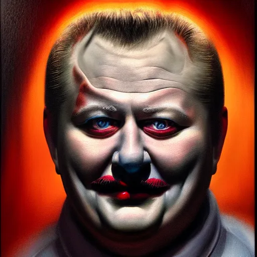 Prompt: a portrait of john wayne gacy, hyper realistic, octane render, by barlowe. masterpiece portrait painting. dark, moody,, abstract brush strokes,.