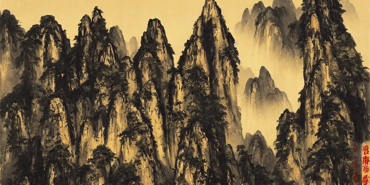 Prompt: the taoist temples of huangshan, landscape painting by peder balke