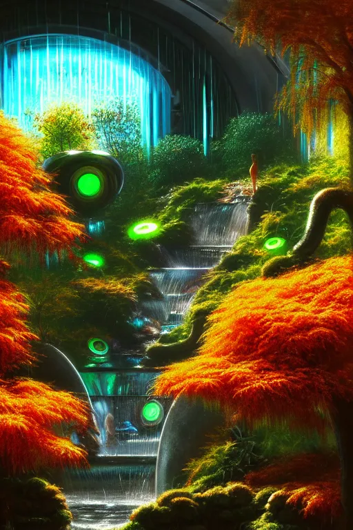 Prompt: futuristic garden glowing in autumn, marble fountains, small waterfalls, ecosystem, 1 9 8 0 s science fiction, 1 9 7 0 s science fiction, alien 1 9 7 9, cyberpunk, 3 d oil painting, depth perception, 4 k, artstation