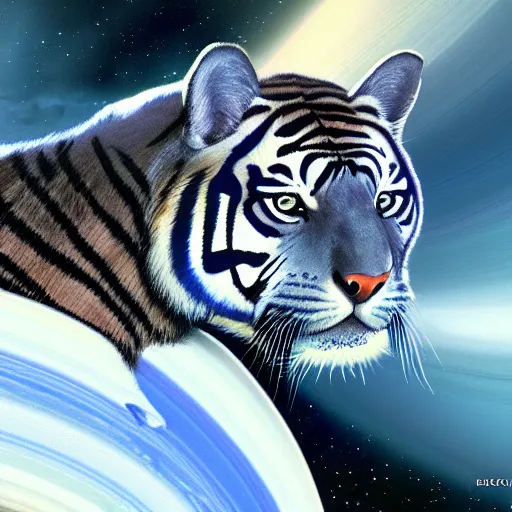 Image similar to Blue tiger in space next to Saturn, high resolution, trending on art station, realistic, detailed