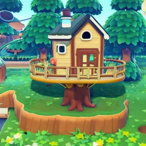 Prompt: a futuristic tree house in animal crossing