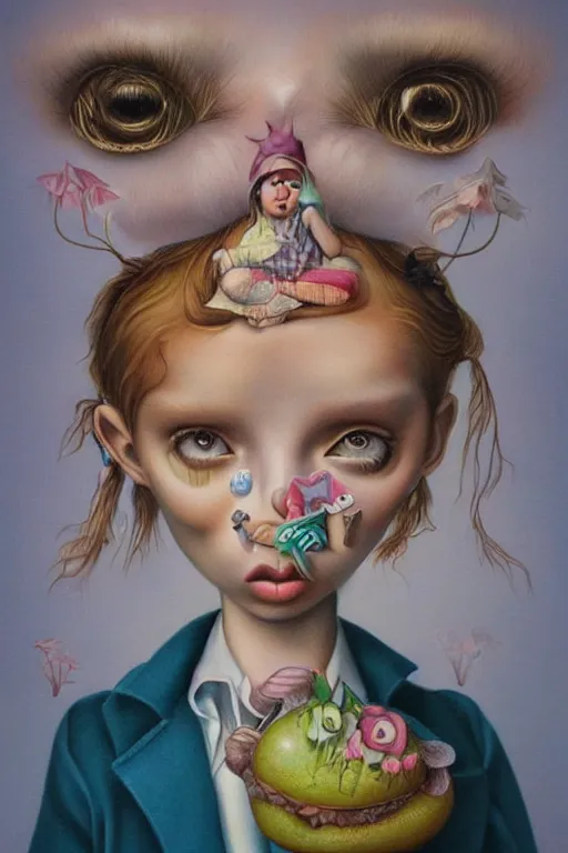 Image similar to pop surrealism, lowbrow art, realistic cute girl painting, hyper realism, muted colors, trevor brown, mark ryden style