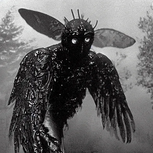 Image similar to image still of a Mothman, 80’s monster horror movie