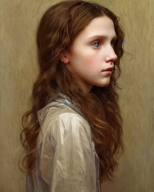 Image similar to a realistic portrait painting of a thoughtful girl resembling a young, shy, redheaded alicia vikander or millie bobby brown wearing a clear raincoat, highly detailed, intricate, concept art, artstation, by donato giancola, alphonse mucha, and william bouguereau