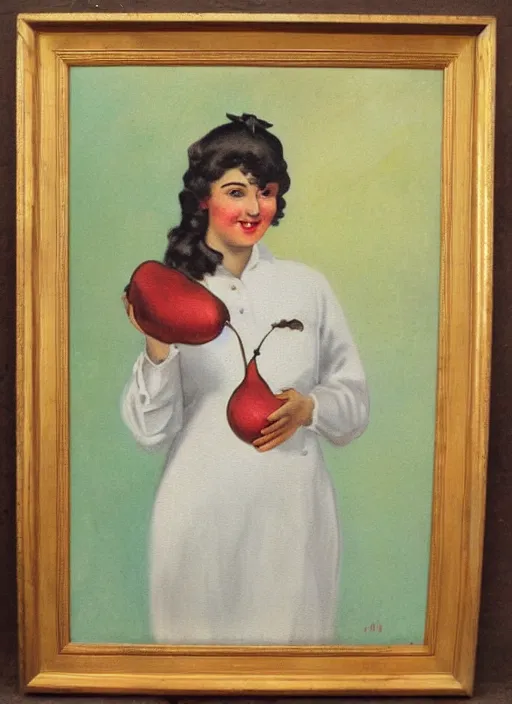 Image similar to vintage beautiful painting of a nurse holding a pear