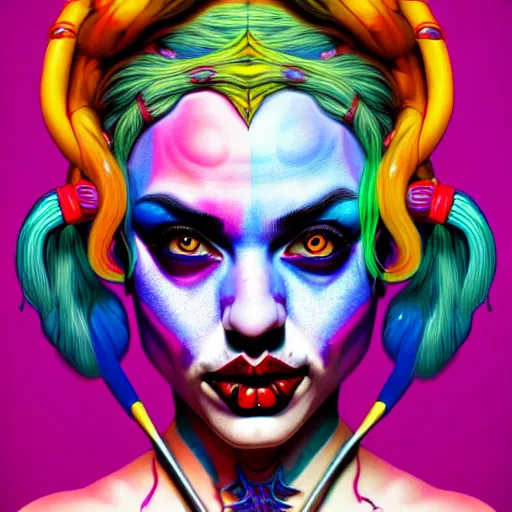 Image similar to an extremely psychedelic portrait of harley quinn as medusa, surreal, lsd, face, detailed, intricate, elegant, lithe, highly detailed, digital painting, artstation, concept art, smooth, sharp focus, illustration