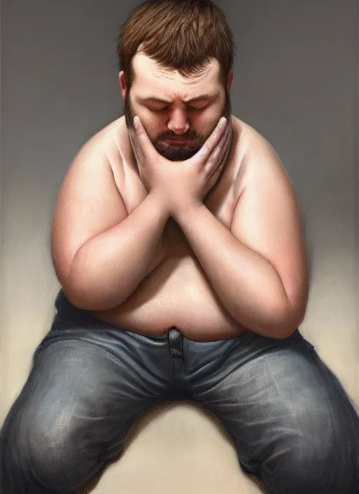 Prompt: insanely detailed chiaroscuro image of a sleepy - looking chubby programmer guy on his knees facing his glowing ultrawide monitor begging it for forgiveness, oil on canvas, masterwork, fine detail, trending on artstation, emotive, insanely compelling, ryden, koons, moebius