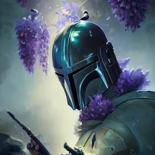 Image similar to mandalorian, floral explosion, radiant light, vortex of wisteria petals, oil painting, Tooth Wu, Greg Rutkowski, RPG portrait, dynamic lighting, fantasy art, High contrast, depth of field