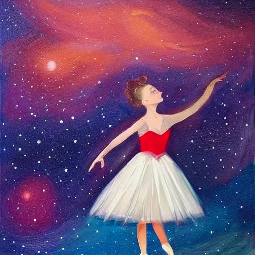 Image similar to Ballerina in a dress looking at a starry sky, galaxy, beautiful, painting, highly detailed, soft light