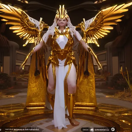 Prompt: beautifull goddess of thunder in golden armor, with incredible white and luminous temple behind the scene is in spiritual awaken, divine energy and power of spirit 4 k, 3 d, realistic, octane render cyberpunk color