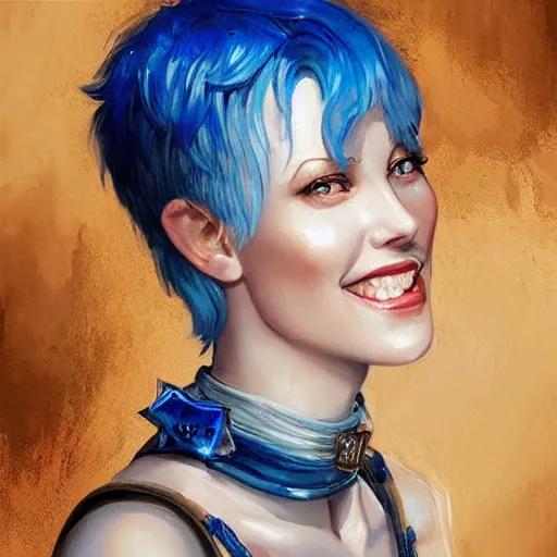 Image similar to a beautiful painting of a smiling woman with stylish short blue hair and sparkling blue eyes, background is a rustic saloon, representative of the art style of artgerm and wlop and peter mohrbacher