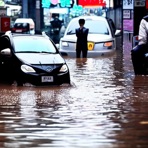 Image similar to seoul city is flooded by heavy rain. A guy with suit is sitting on the top of the A car is middle of the street flooded.