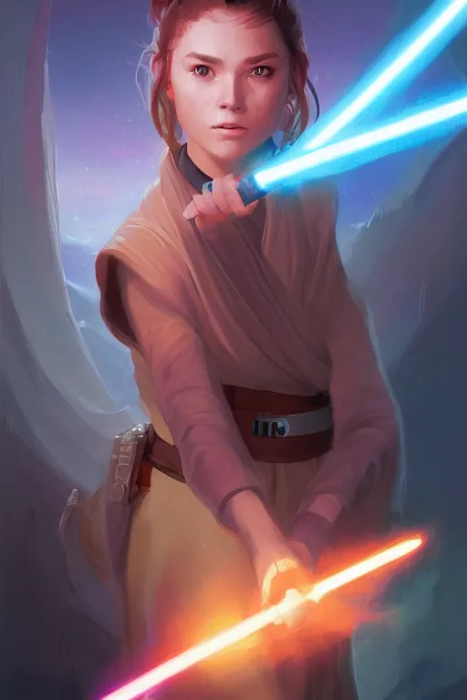 Prompt: a portrait of a cute young female jedi, star wars setting, vivid colors, soft lighting, atmospheric, cinematic, moody, in the style of artgerm and greg rutkowski, oil on canvas, 8 k