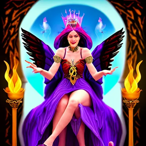 Image similar to Princess sorceress with red flaming bird wings on her back and sitting on an ornate throne dressed in a fancy purple dress, beautiful realistic face, Fantasy, Full Portrait, High detail, realistic, planeswalker