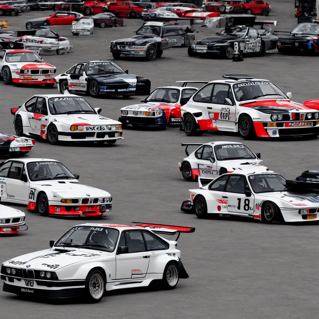 Image similar to bmw e30, porsche 935, showroom