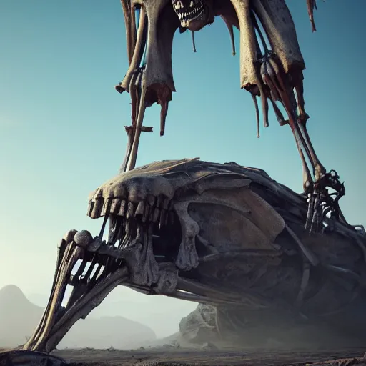 Image similar to the skeleton of a colossal creature on a deserted planet, illustration, epic, sci - fi, hyper detailed, smooth, unreal engine 5, sharp focus, ray tracing