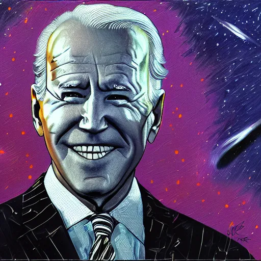 Image similar to dark, evil joe biden standing in front of the collapse of the universe, painting, trending on art station, high quality